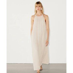 Massimo Dutti Womens Linen Halter Dress Maxi Small S Cream Halter Open Back NWOT